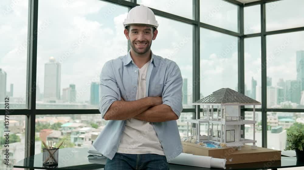 Poster civil engineer put on safety helmet while standing with arm folded. professional architect engineer 