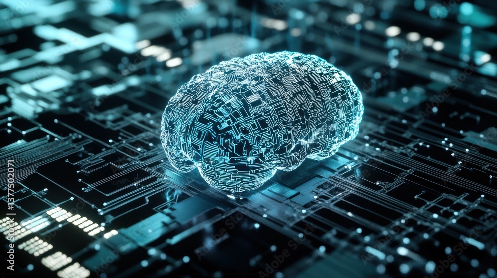 Poster a digital representation of a brain composed of intricate circuitry, symbolizing artificial intellig