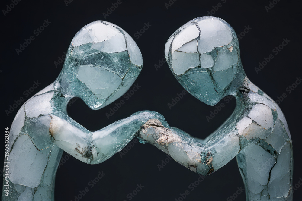 Poster fragile glass sculpture of two figures connecting with tenderness and emotion in dark background
