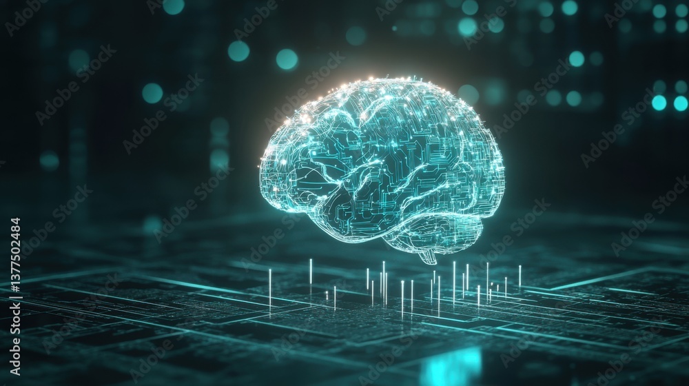 Poster a digital representation of a brain with circuitry, symbolizing innovation and technology in artific