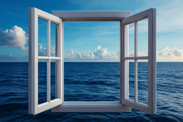 Open Window Frame Overlooking Serene Ocean and Blue Sky with Fluffy Clouds and Warm Light