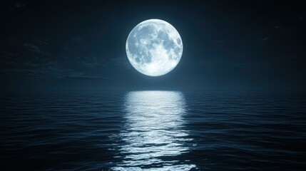 Fototapeta premium A luminous full moon reflects on a tranquil ocean, creating a serene and mystical atmosphere under a starry night sky.