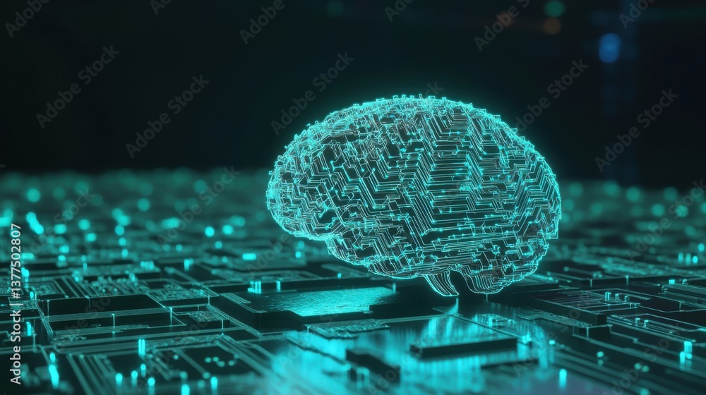 Poster a digital representation of a brain composed of circuit patterns, symbolizing artificial intelligenc