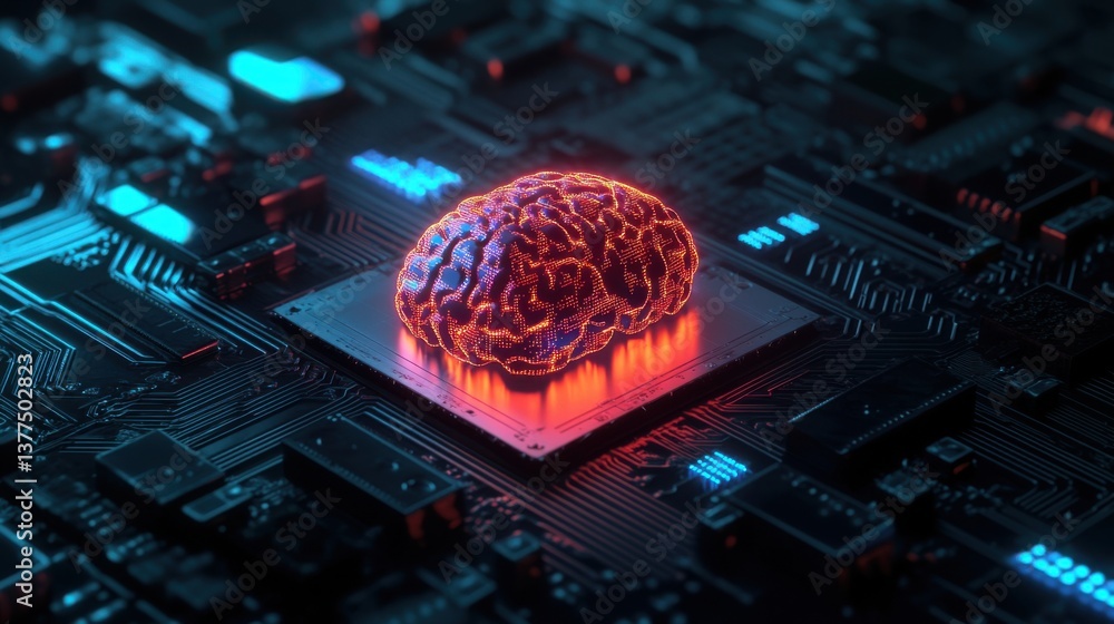 Poster a glowing brain sits atop a circuit board, symbolizing the fusion of artificial intelligence and tec