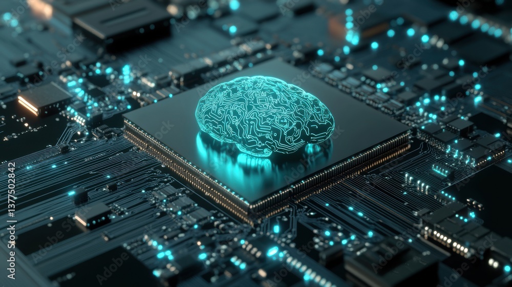 Poster a futuristic circuit board with a glowing brain design, symbolizing the integration of technology an