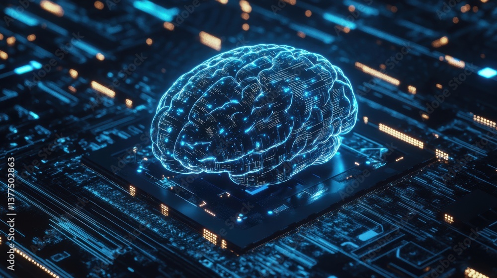 Poster a digital representation of a brain illuminated on a circuit board, symbolizing advanced technology 
