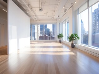 Obraz premium Modern, bright, empty gallery space with city views. Large windows, hardwood floors, and a clean white wall