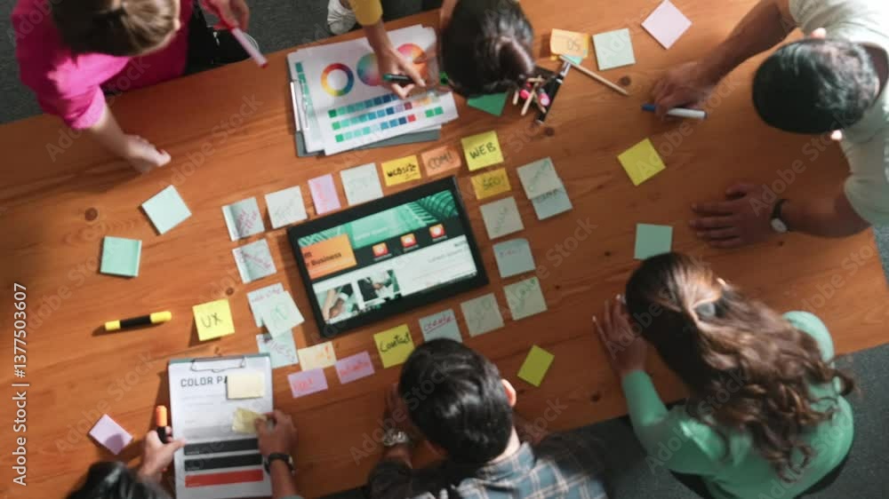 Poster top view of business people working together to design web design. aerial view of designer brainstor