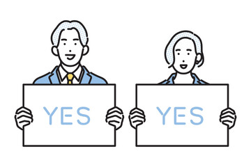 シンプル　イラスト　ホワイトボードを持つビジネスパーソンの男性と女性 人物セット