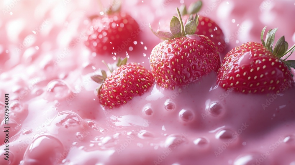 Poster a close-up of fresh strawberries submerged in creamy pink liquid, surrounded by droplets, creating a