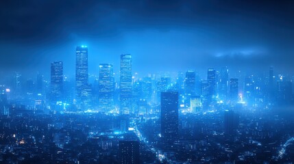 Fototapeta premium A stunning night view of a modern city skyline illuminated by blue lights, creating a vibrant and futuristic atmosphere amidst a misty backdrop.