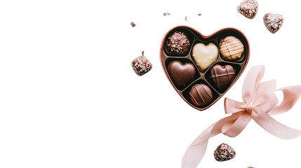 A heart-shaped box of chocolates with a ribbon isolated on white background PNG