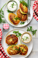 Potato patties stuffed with meat and sour cream.top veiw