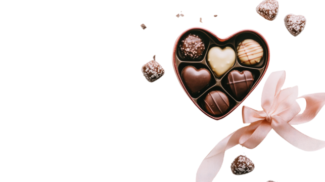 A heart-shaped box of chocolates with a ribbon isolated on white background PNG