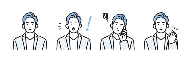シンプル　イラスト　いろいろな表情とポーズの若い男性 人物バリエーション