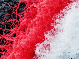 Abstract pattern of vibrant red and white foam texture resembling waves and fluid dynamics on a dark surface for creative backgrounds and designs