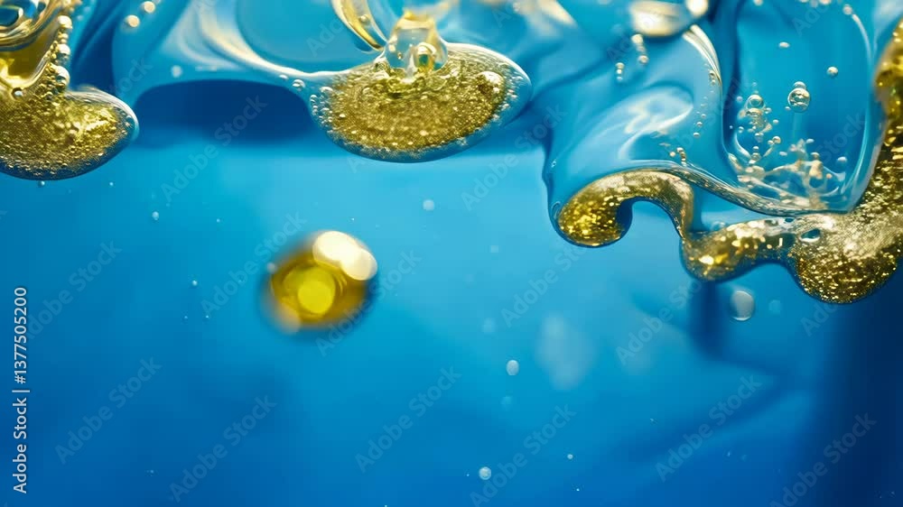 Poster dynamic drops of yellow glitter in blue oil or ink diffusing through water, creating an abstract aqu