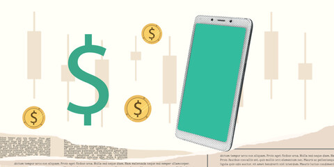 Contemporary Halftone Collage smartphone for investments concept, marketing, trading. Online Stock banner with coins, finance elements, money. Horizontal invest, business poster. Vector illustration.
