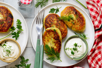 Potato patties stuffed with meat and sour cream.top veiw