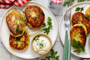 Potato patties stuffed with meat and sour cream.top veiw