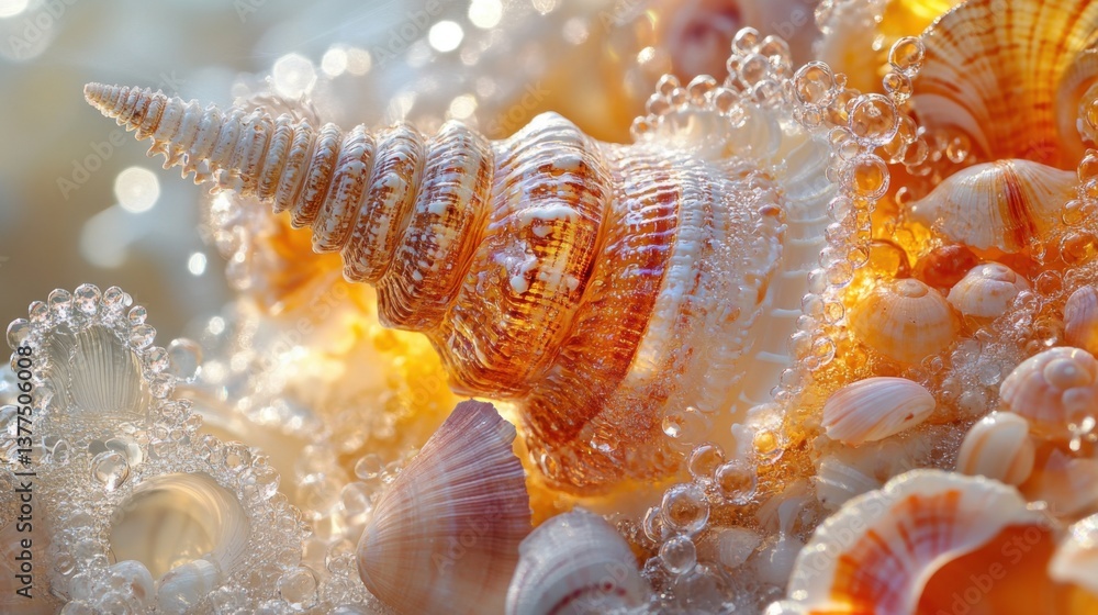 Poster a close-up of a beautifully detailed seashell surrounded by smaller shells and bubbles, showcasing i