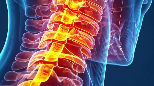 Animated visualization of human spine anatomy with visible inflammation and pain