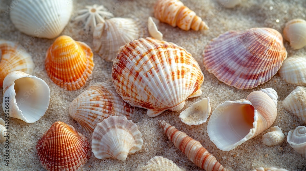 Poster a collection of various seashells in different shapes and colors scattered on a sandy surface, showc