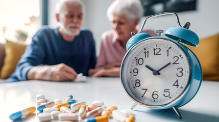 Pills and alarm clock on the table, old couple on background. Time to take medicine and treatment of senior people concept