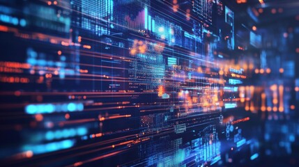 Fototapeta premium A vibrant digital landscape featuring blue and orange lines and grids, representing data flow and technology.