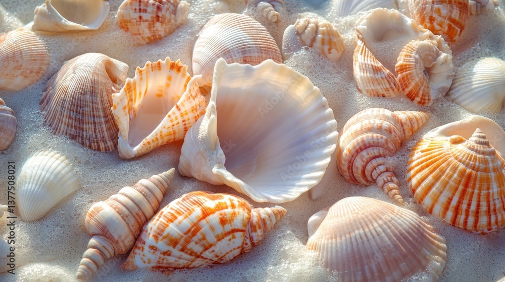 Poster a close-up of various seashells scattered on the sandy shore, showcasing their intricate patterns an