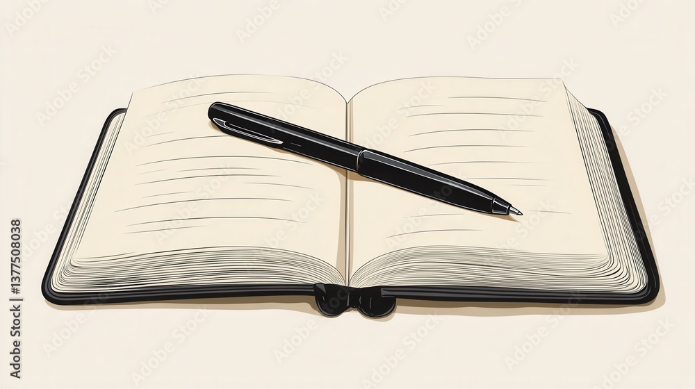 Poster an open notebook with blank pages and a black pen resting on it, symbolizing writing and creativity.