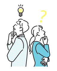 シンプル　イラスト　何かひらめいたビジネスパーソンの男性と女性 人物セット