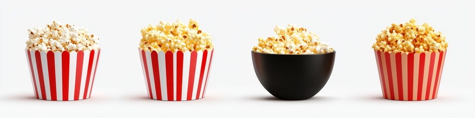 Popcorn in striped containers on white background