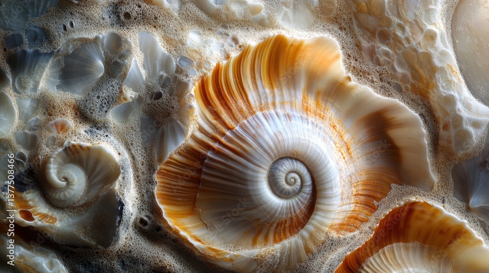 Poster a close-up view of beautifully patterned seashells, showcasing intricate spirals and textures, set a