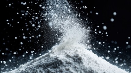 A close-up shot of white powder being dispersed into the air, creating a cloud-like effect against a dark background.