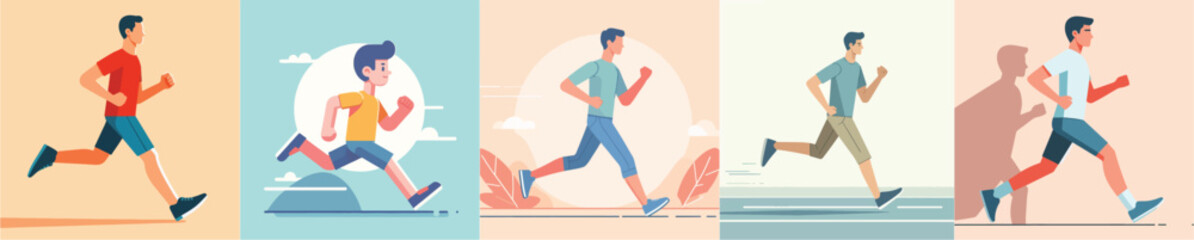 vector set of young men running