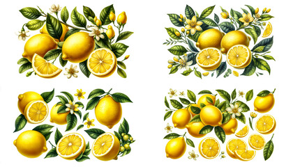 Watercolor Clipart of Lemons is yellow, juicy, ripe with green leaves, flower buds on the branches, whole and slices. Watercolor clipart illustration isolated on a white background