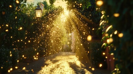 Golden Sunlight Path Through Garden Alley