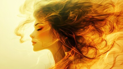 A vibrant, artistic portrayal of a woman with flowing hair, illuminated by warm golden hues, evoking a sense of freedom and serenity.