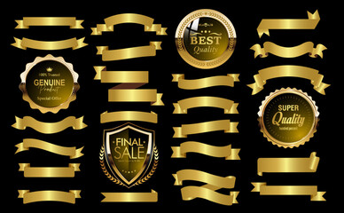 Golden luxury labels and banners, gold premium quality certificate ribbons, vector badges. Luxury VIP and premium quality sticker tags and banners for best product seals and banners with golden crown