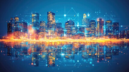 Obraz premium A vibrant city skyline at night, illuminated by colorful lights and reflecting in water, enhanced with digital overlays and futuristic elements.