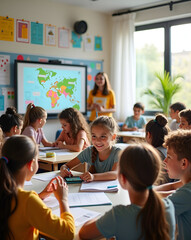 Obraz premium A diverse group of students aged 10-12 actively learning in a high-tech classroom with laptops, tablets, and an interactive whiteboard, fostering engagement & curiosity