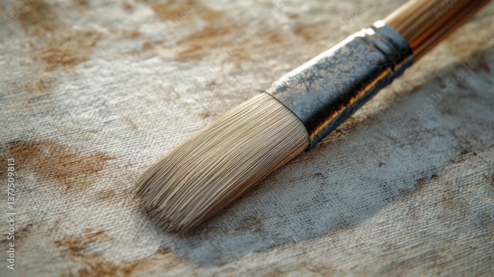 Poster a close-up image of a paintbrush resting on a textured surface, showcasing the bristles and handle i