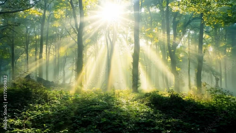 Poster sunlight streams through a lush forest, creating a serene, ethereal atmosphere. low-angle shot enhan