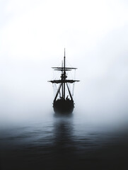 A pirate ship navigating through a thick fog, with the crew keeping watch for hidden obstacles.

