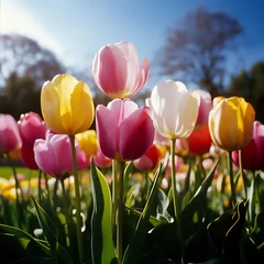 Fotobehang a medium shot of a field of tulips in full bloom on a sunny day. © 자인 김