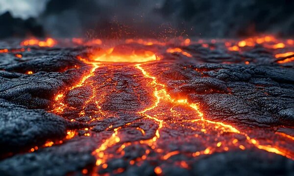 Flowing molten lava in a dark field, sparks rising