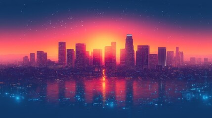 A vibrant sunset over a city skyline, reflecting colorful hues on water, creating a captivating and serene urban landscape.