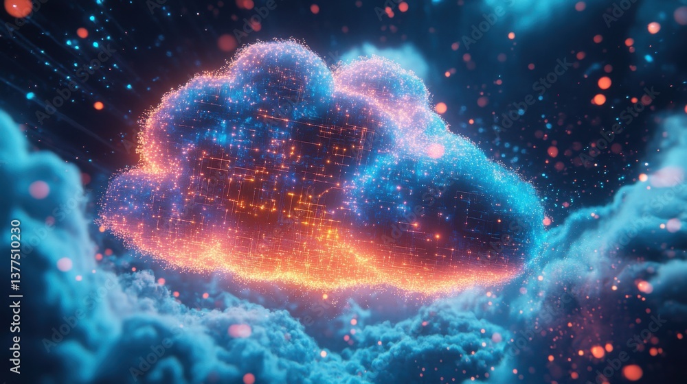 Poster a vibrant, digital cloud illuminated with glowing particles, surrounded by darker clouds, creating a