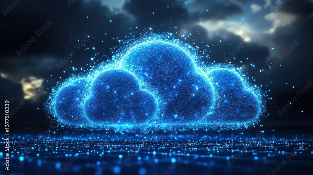Poster a digital representation of interconnected clouds, illuminated in blue, symbolizing data storage and